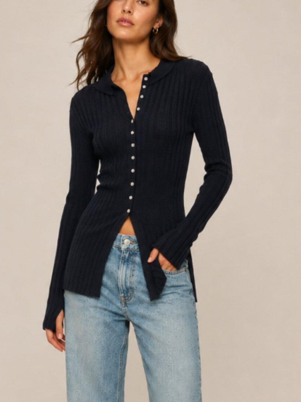 RAMY BROOK 100% Wool Ribbed Long Sleeve Button Down Longsleeve Split Top M $425